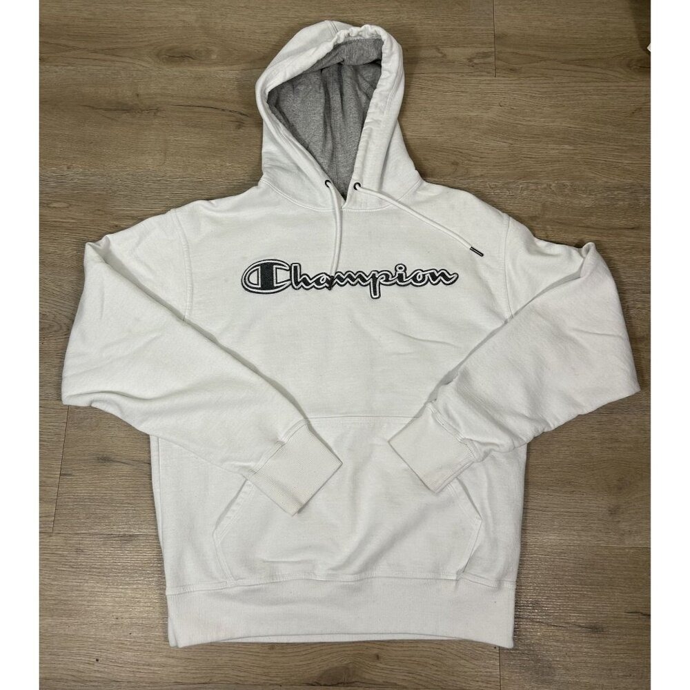Champion Powerblend Fleece White Grey Chest Logo Pullover Hoodie Size M
